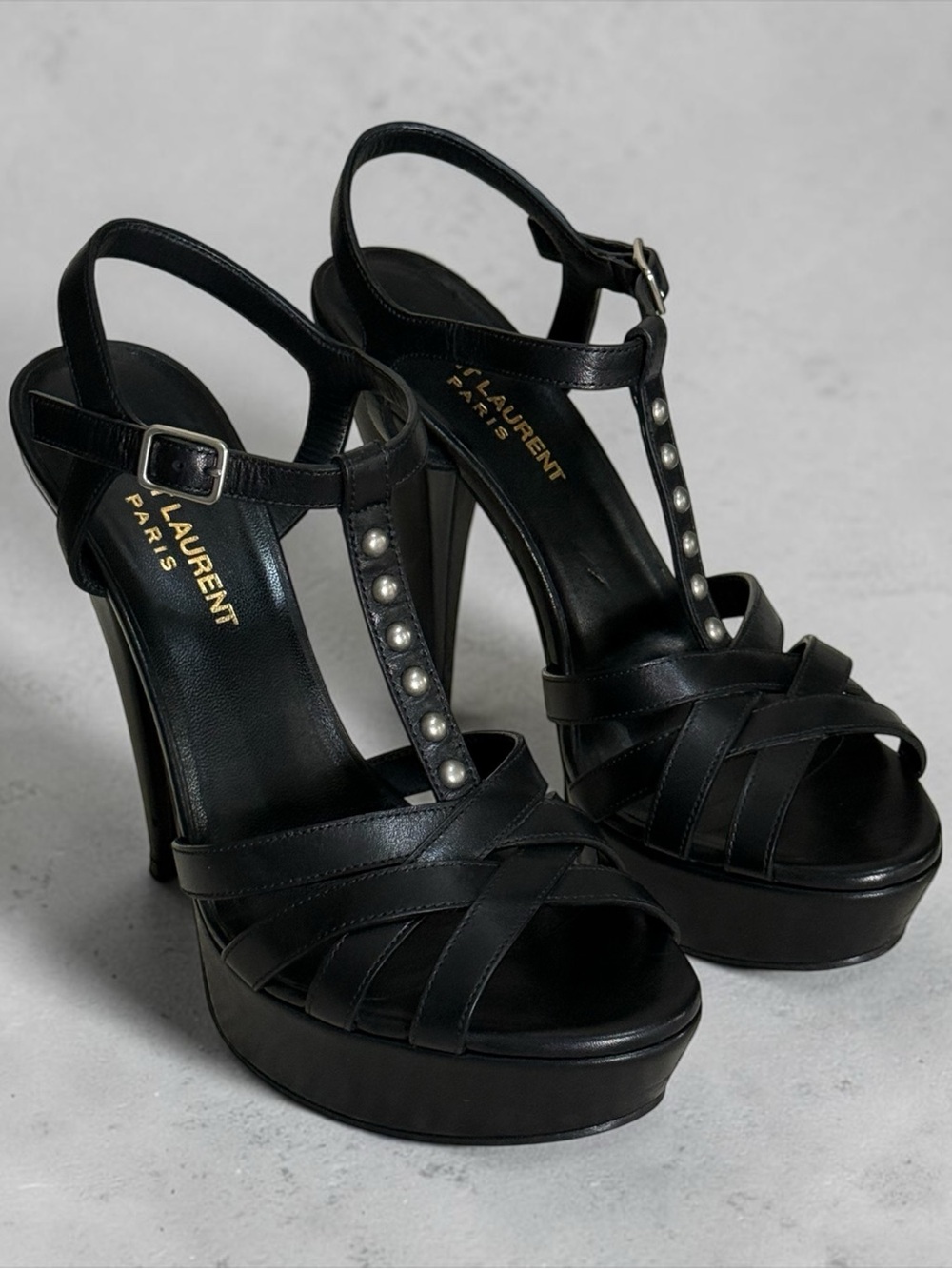Saint Laurent Black Leather Platform T-Strap Studded Sandals Stiletto Heels! 37 - Picture 3 of 16